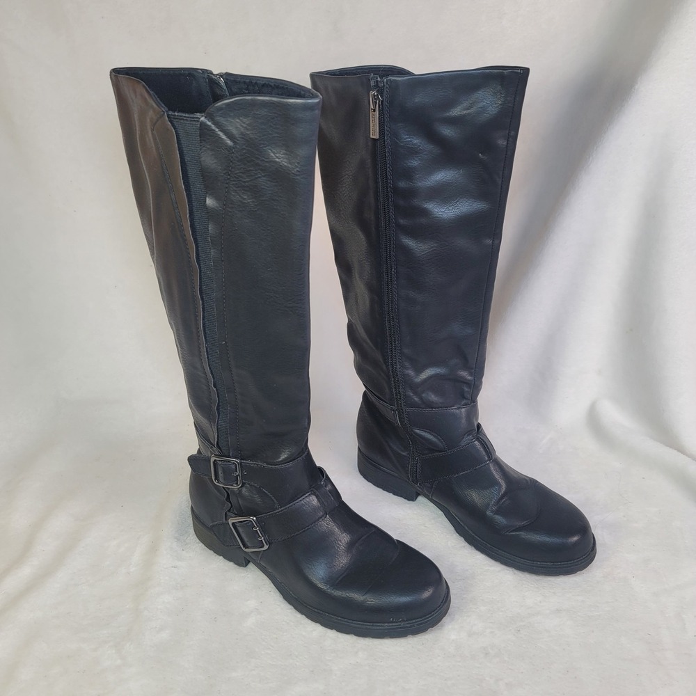 Kenneth Cole Double Harness Leather Knee HIgh Boot Equestrian Black 7M Riding